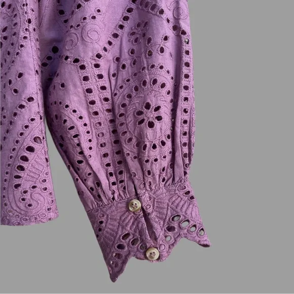 SEZANE Purple Wisteria Eyelet Ruffle Button Down Shirt Scalloped Chlo Blouse Top - Picture 7 of 14